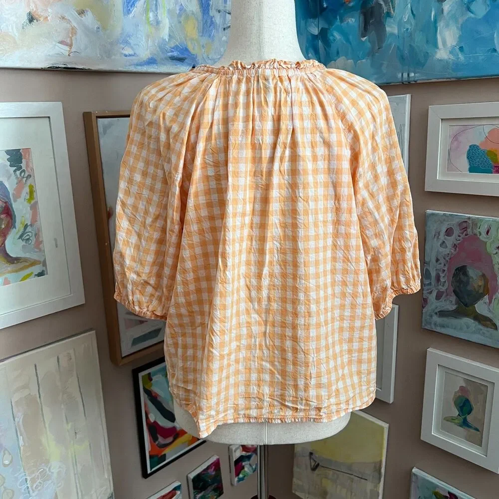 ONLY Old Navy Orange Gingham Peasant Blouse Puff Sleeve Cottagecore‎ Size L Tall